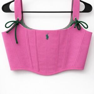 Ralph Lauren custom made Hot Pink Corset Crop Top with Green Tie Details